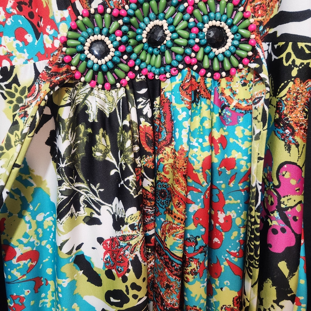 ECI Medallion Beaded Bodice Abstract Print Flowy Festival Maxi Sz 12 - Picture 5 of 16